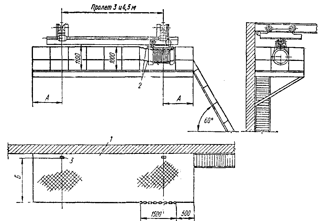 Рис. 4. 22. Ремонтная площадка в конце пролета для подвесных электрических однобалочных кранов 