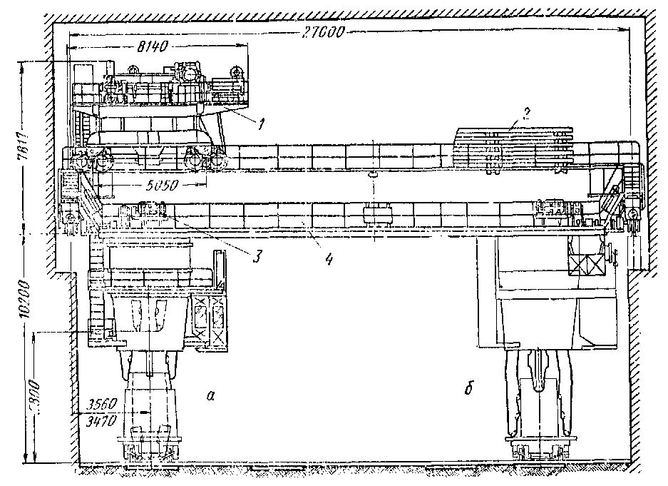 Кран для раздевания слитков грузоподъемностью 75/20 тс с силой выталкивания 400 тс